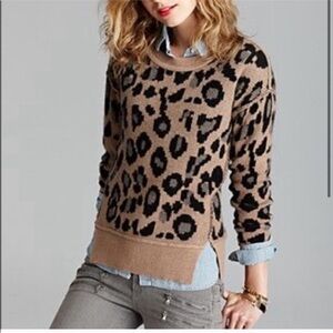 AQUA Cashmere Leopard Print Sweater 100% Cashmere Neutral Animal Print L